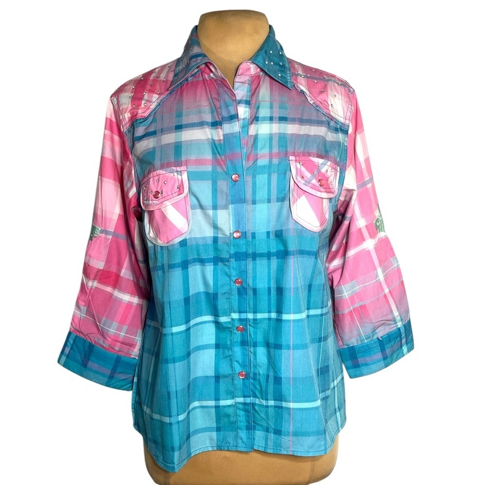 Fat Rat Family Pink Blue Plaid Rhinestone Angel Graphic Snap Button Shirt M/L - Picture 3 of 12